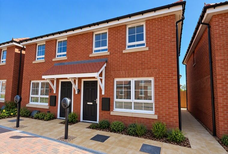 A row of modern red brick houses with white windows and black doors.