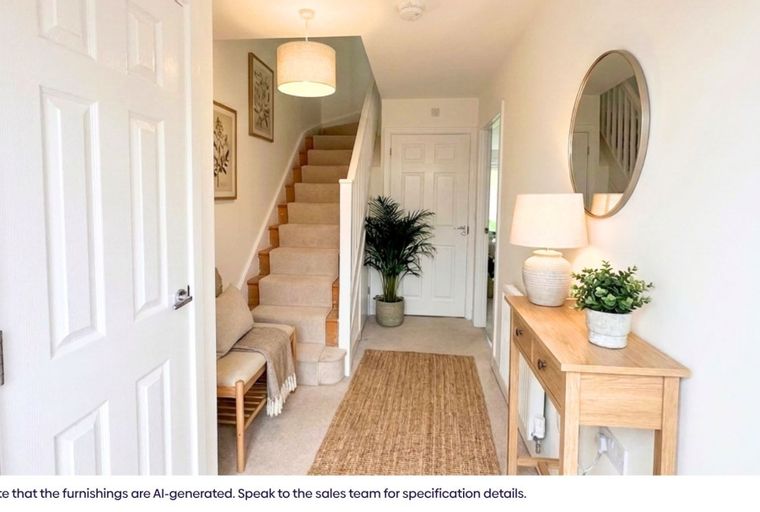 A hallway with a carpeted staircase, a bench, a console table, and a mirror.