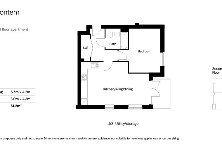 A floor plan of a one-bedroom apartment labeled Type H, showing the layout of the kitchen/living/dining area, bedroom, bathroom, and utility/storage space.