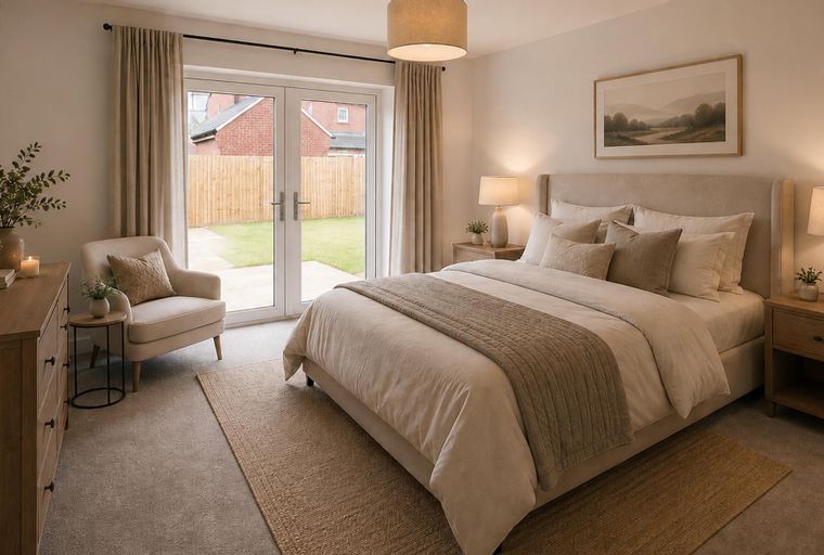 A bedroom with a bed, bedside tables, a chair, and French doors leading to a garden.