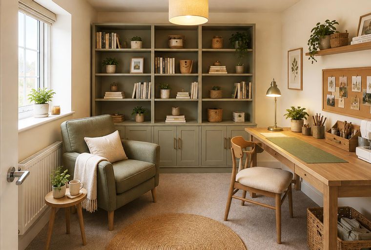 A home office with a bookshelf, desk, and armchair.