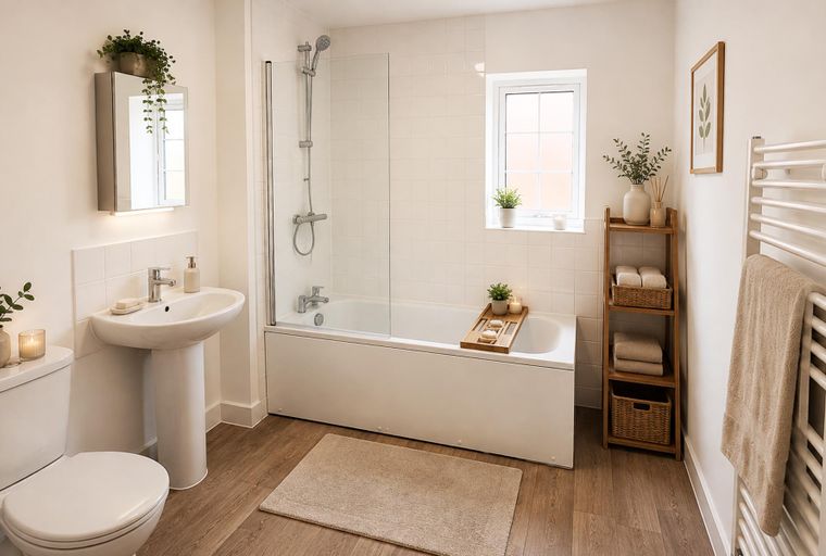 A bathroom with a bathtub, sink, toilet, and shelving unit.
