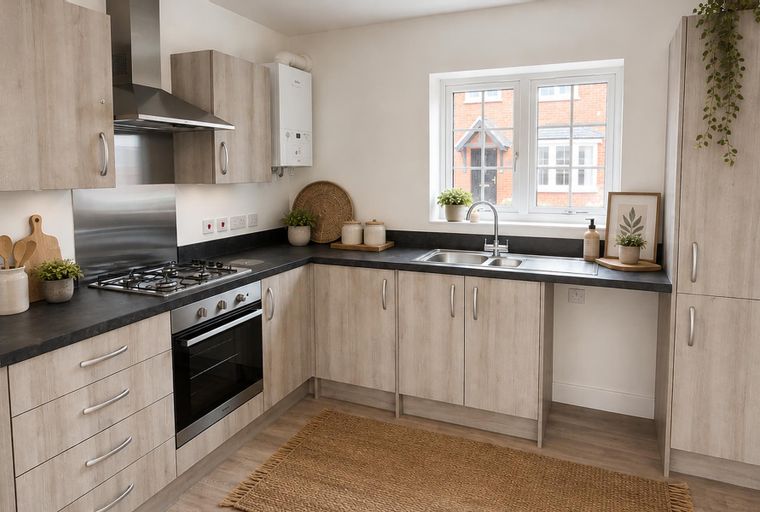 A modern kitchen with light wood cabinets, a gas stove, and a sink.