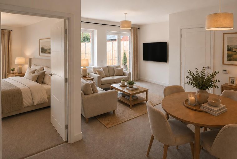 A bedroom and a living area with a dining table.