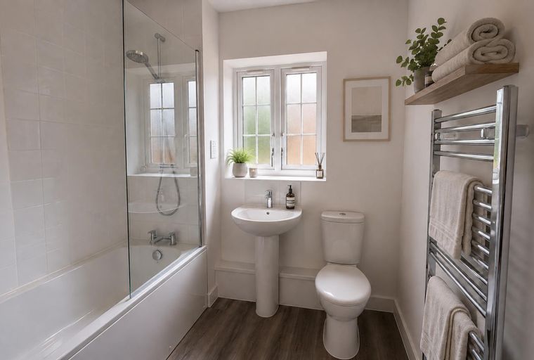 A bathroom with a bathtub, sink, toilet, and a heated towel rail.