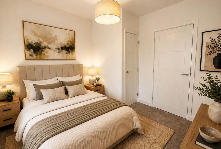 A bedroom with a bed, bedside tables, lamps, and wall art.