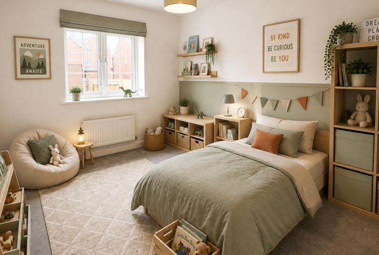 A children's bedroom with a bed, shelves, and a beanbag chair.