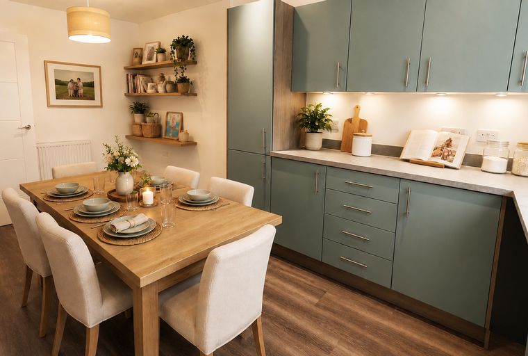 A dining table set for six in front of a kitchen with green cabinets.