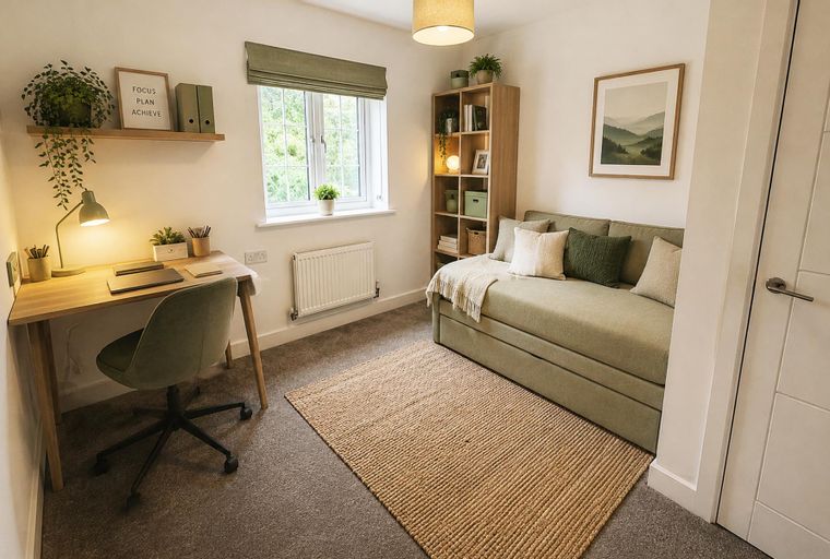 A bedroom with a desk, chair, sofa, bookshelf, and window.