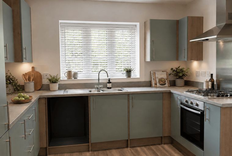 A modern kitchen with sage green and wood cabinets, a double sink, and a gas oven.