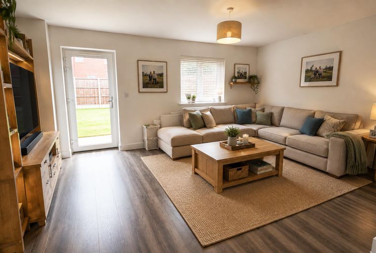 A living room with a sectional sofa, coffee table, and a television stand.