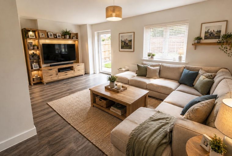 A living room with a sectional sofa, coffee table, and entertainment unit.