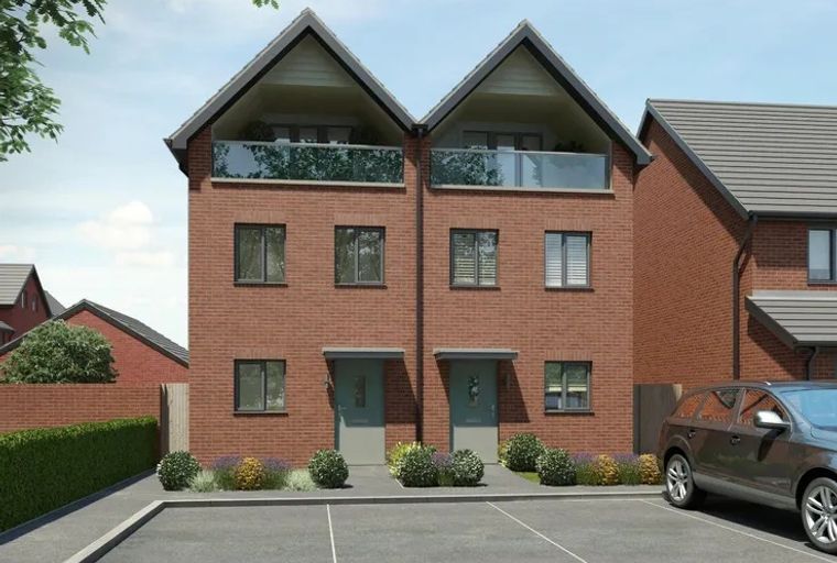 A pair of modern brick semi-detached houses with balconies and parking spaces in front.