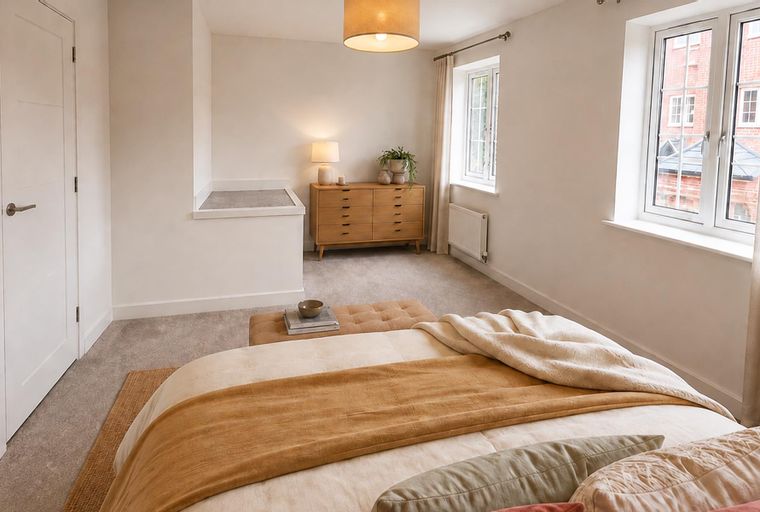 A bedroom with a bed, dresser, and windows.