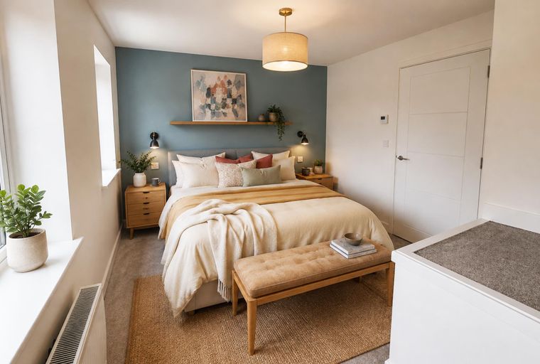 A bedroom with a bed, nightstands, a bench, and a window.