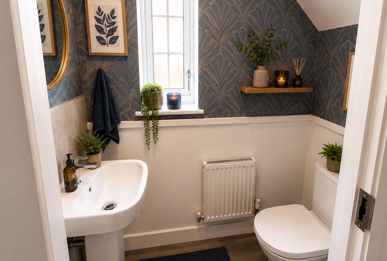 A bathroom with a sink, toilet, and decorative wallpaper.
