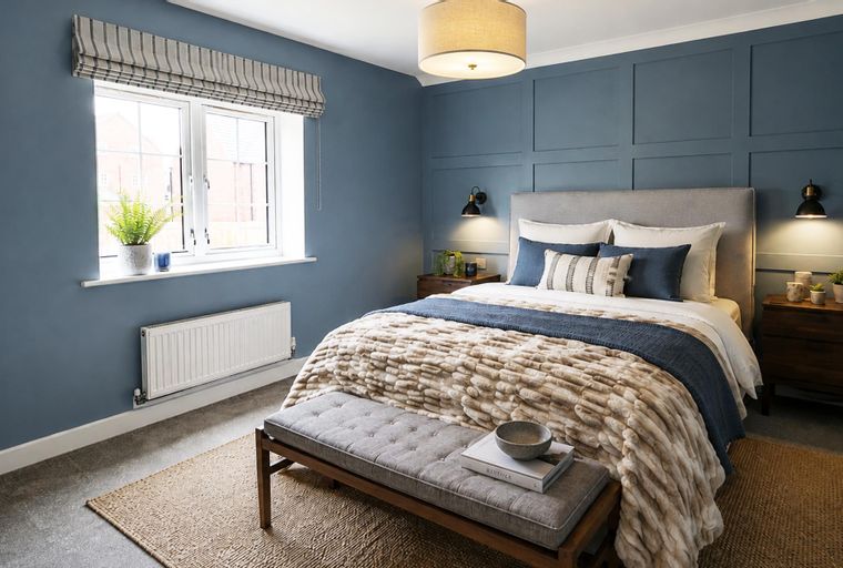 A bedroom with a bed, window, and bench.