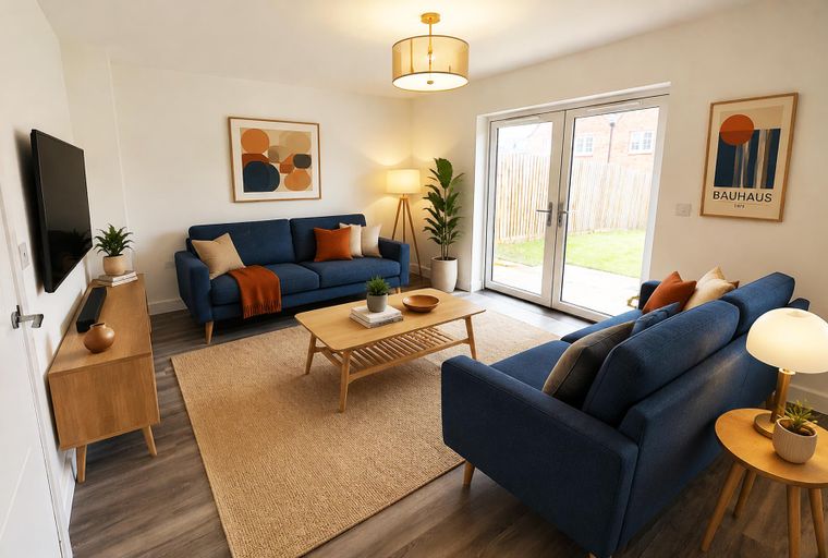 A living room with two blue sofas, a coffee table, and a TV.