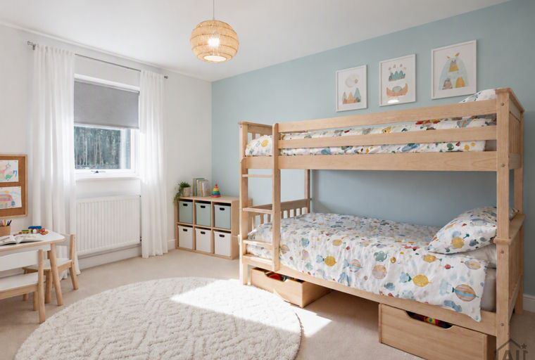 A children's bedroom with bunk beds, a desk, and a round rug.
