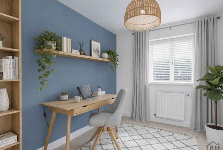 A home office with a desk, chair, and a bookshelf.