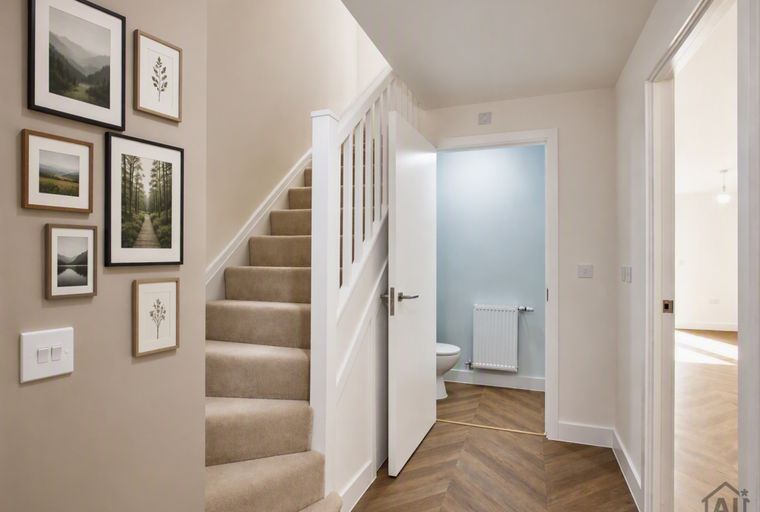 A hallway with a carpeted staircase, artwork on the wall, and an open door revealing a bathroom.