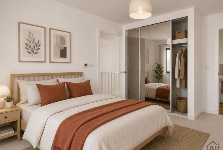 A bedroom with a bed, nightstand, and a mirrored wardrobe.
