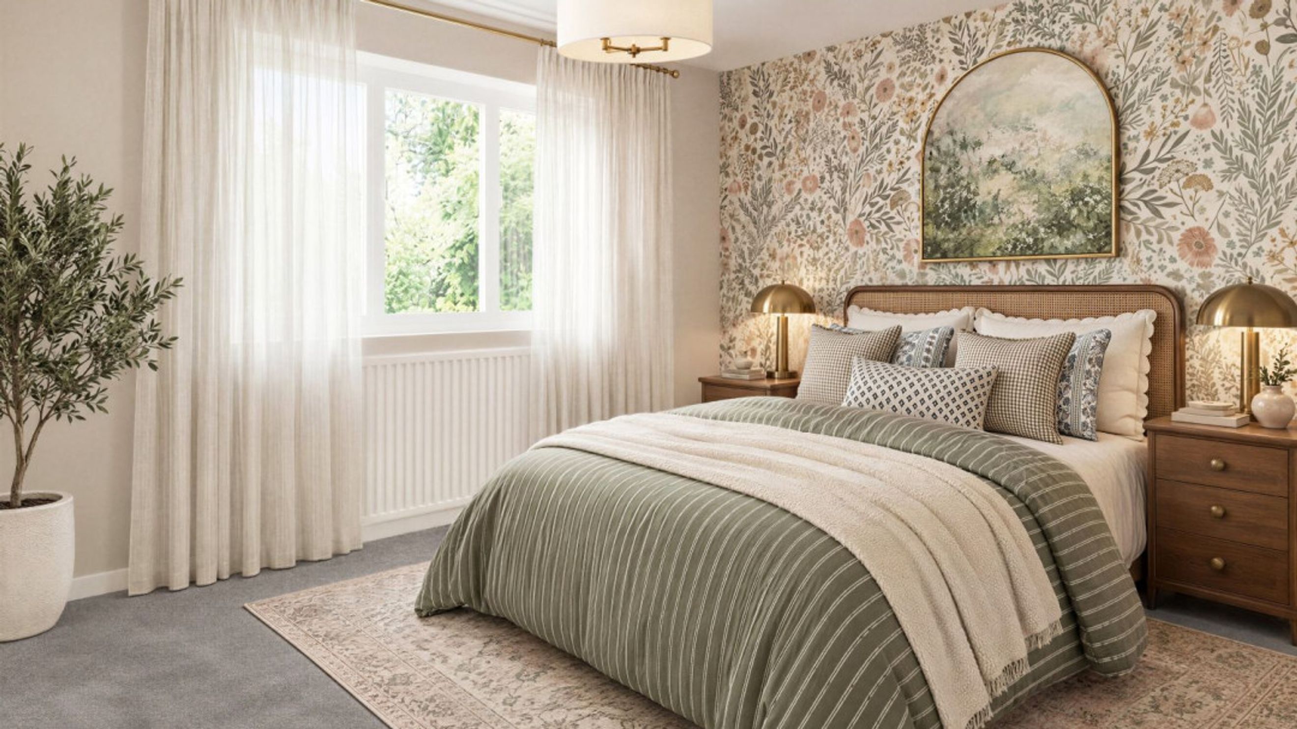 A bedroom with a bed, nightstands, and a window.
