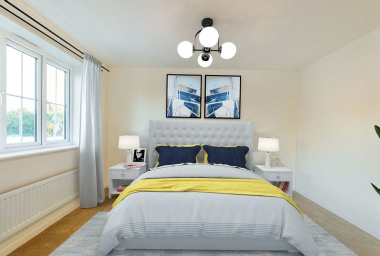 A bedroom with a bed, bedside tables, lamps, and artwork.