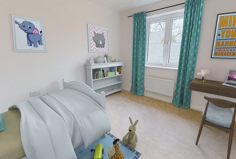 A children's bedroom with a bed, desk, bookshelf, and artwork.
