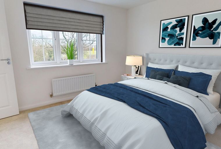 A bedroom with a bed, nightstand, window, and artwork.
