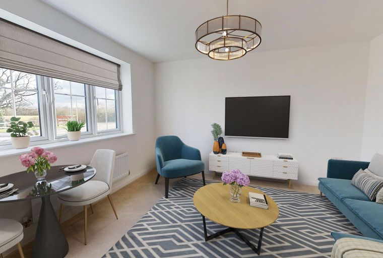 A living and dining room with a sofa, chairs, and a TV.