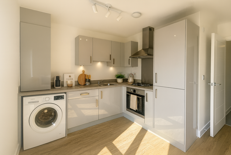 A modern kitchen with white and grey cabinets, a washing machine, oven, and hob.