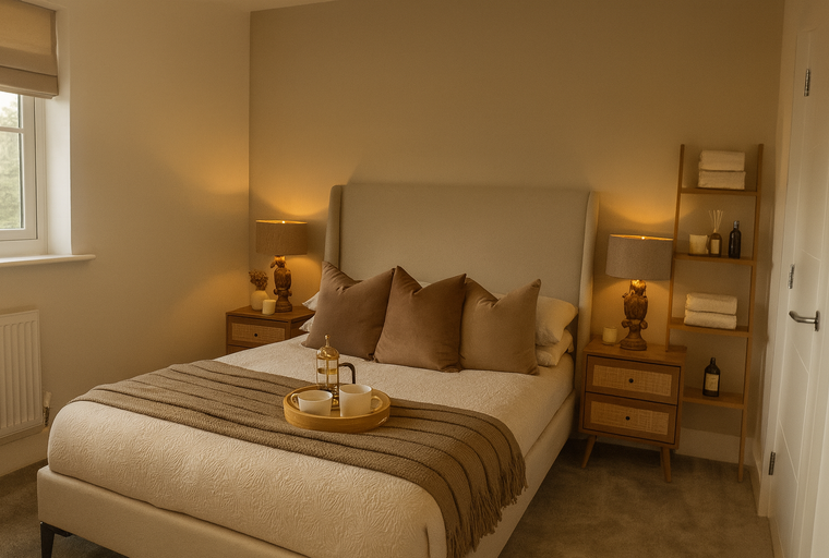 A bedroom with a bed, bedside tables, lamps, and a tray with coffee.