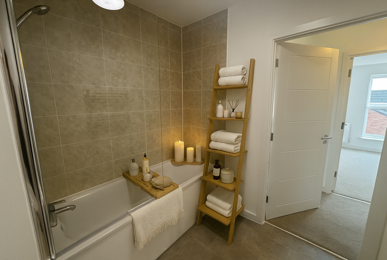 A bathroom with a bathtub, a ladder shelf with towels and candles, and tiled walls.