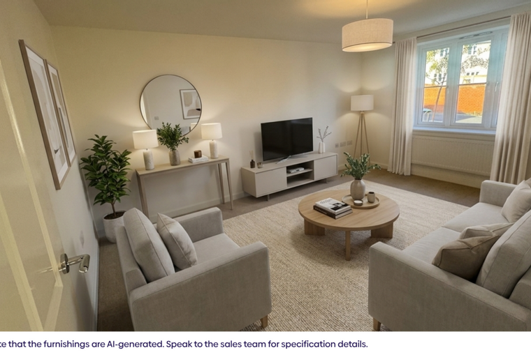 A living room with a sofa, armchair, coffee table, and television.