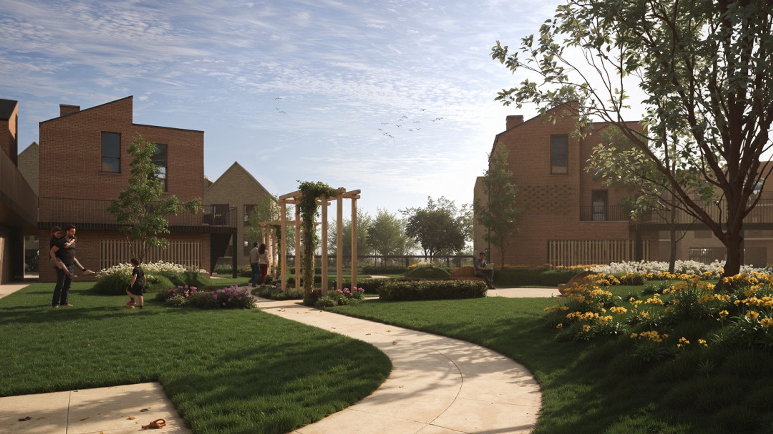 A courtyard with modern brick townhouses, a pergola, and landscaped gardens.