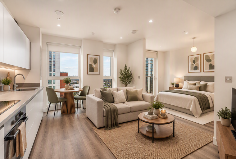 A studio apartment with a kitchen, living area, dining table, and bed.