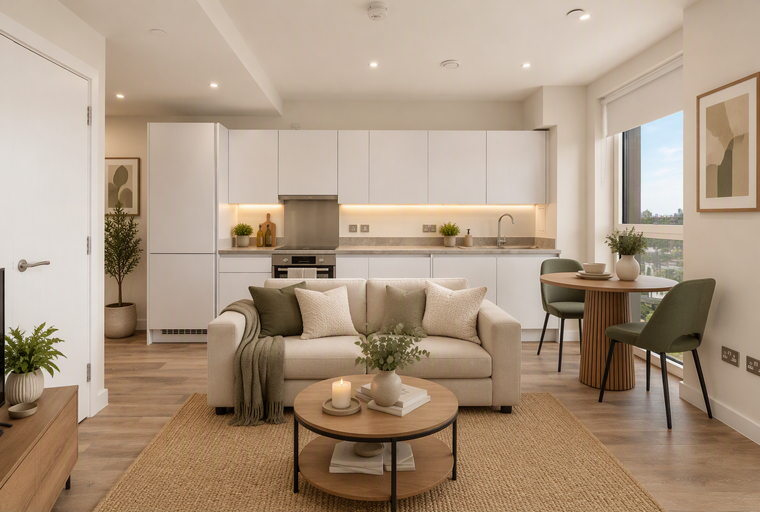 A living room and kitchen area with a sofa, coffee table, and dining set.
