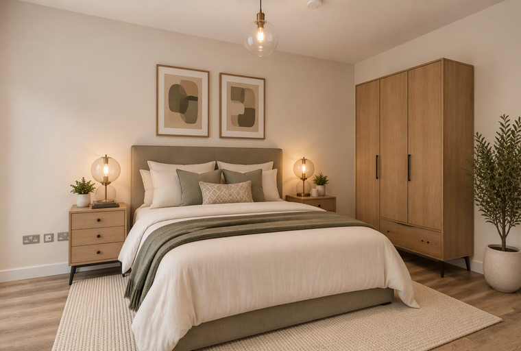 A bedroom with a bed, bedside tables, a wardrobe, and artwork.