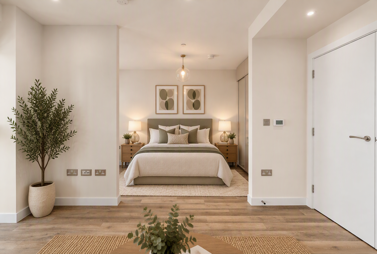 A bedroom with a bed, nightstands, lamps, and artwork.