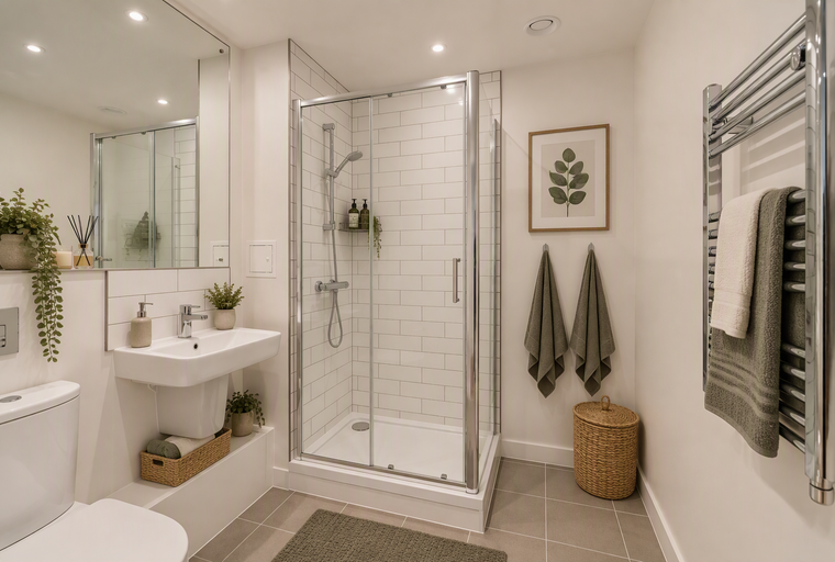 A bathroom with a sink, toilet, and shower.