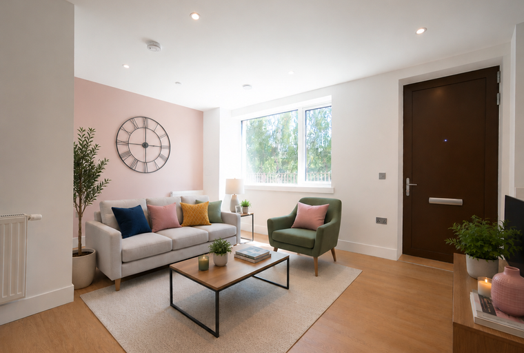 A living room with a sofa, armchair, coffee table, and a large window.