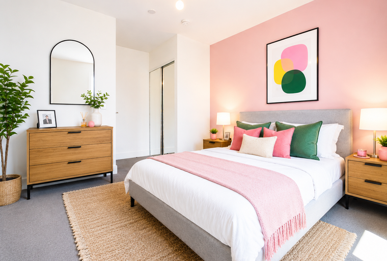 A bedroom with a bed, pillows, a dresser, and a mirror.