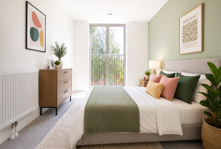 A bedroom with a bed, dresser, and a balcony door.