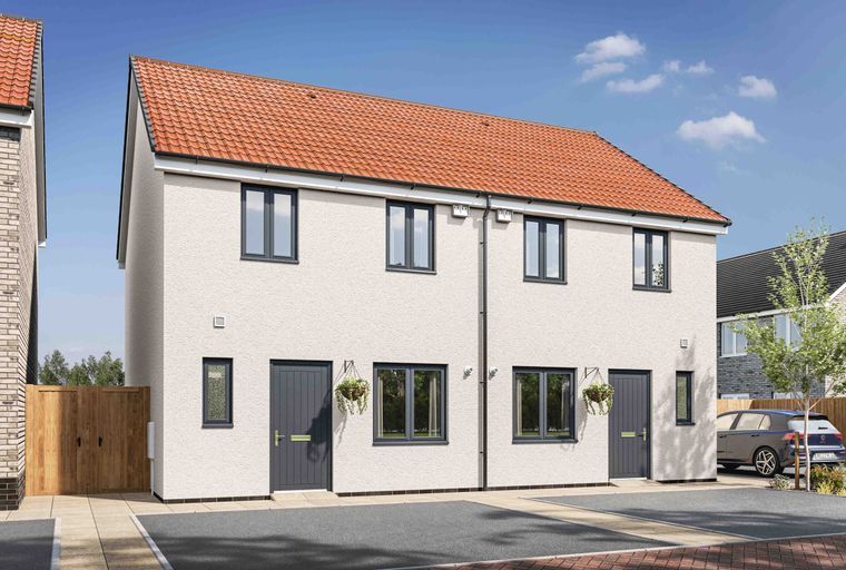 A modern semi-detached house with a white render exterior, terracotta roof tiles, and dark grey windows and doors.