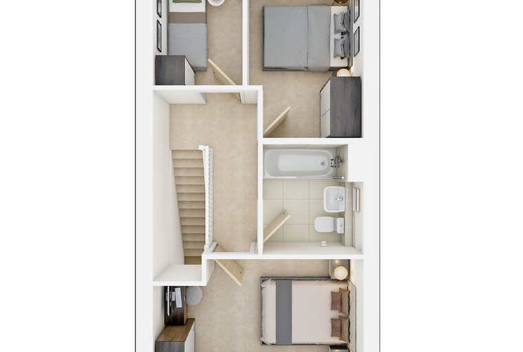A floor plan of a multi-level home with bedrooms, bathrooms, and a staircase.