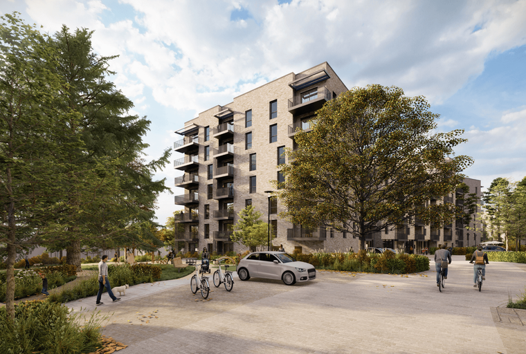 A modern apartment building with balconies, surrounded by trees and people walking and cycling.