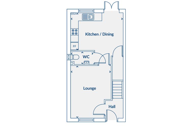 A floor plan of a house showing a lounge, kitchen/dining area, WC, hall, and stairs.