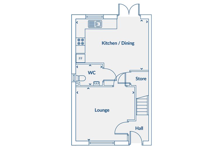 A floor plan of a house showing a lounge, kitchen/dining area, WC, store, hall, and stairs.