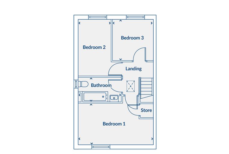 A floor plan of a house with three bedrooms, a bathroom, a landing, and a store.